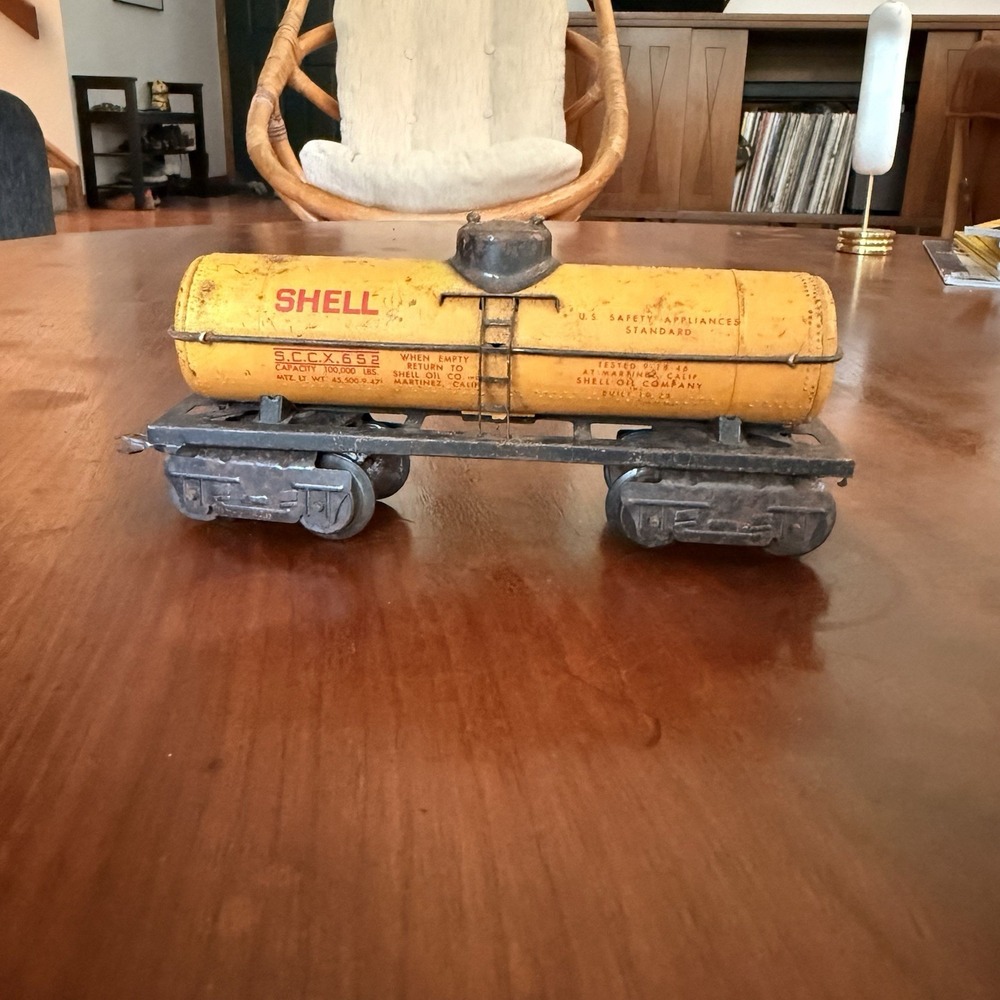 Vintage Marx O Gauge Shell Oil SCCX 652 Yellow Tin Litho Tank Car Train
